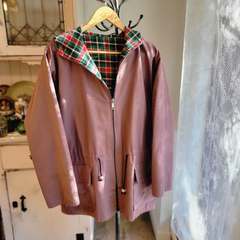 Blush Pink Mauve Hooded Chore Jacket with Plaid Flannel Lining